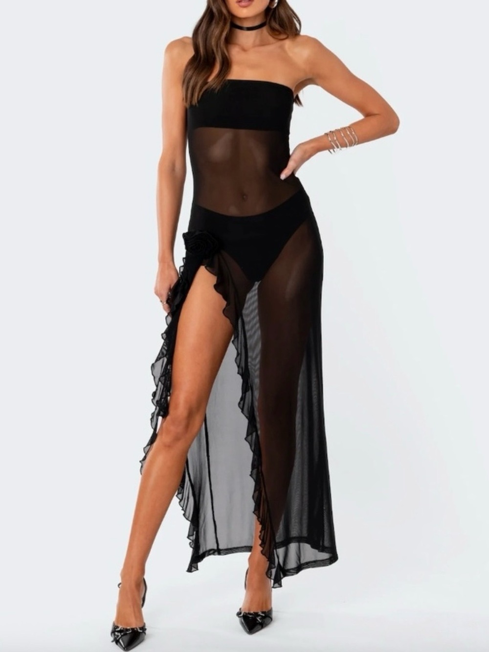 Black Strapless Sheer Maxi Swim Cover-Up Sz SM NWT